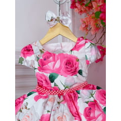 Vestido Infantil Branco Florido C/ Rosas Laço e Pérolas Luxo