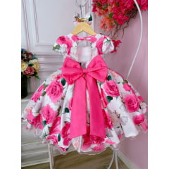 Vestido Infantil Branco Florido C/ Rosas Laço e Pérolas Luxo