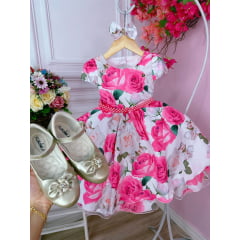 Vestido Infantil Branco Florido C/ Rosas Laço e Pérolas Luxo