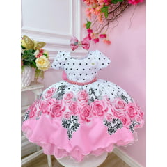 Vestido Infantil Branco Florido Rosa Cinto de Pérolas e Laço