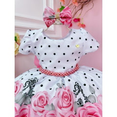 Vestido Infantil Branco Florido Rosa Cinto de Pérolas e Laço