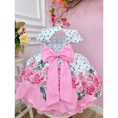Vestido Infantil Branco Florido Rosa Cinto de Pérolas e Laço