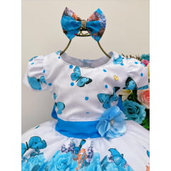 Vestido Infantil Branco Azul Jardim das Borboletas Laço Pérolas