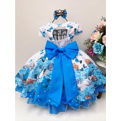 Vestido Infantil Branco Azul Jardim das Borboletas Laço Pérolas