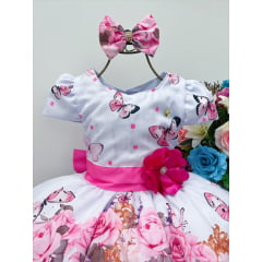 Vestido Infantil Branco Jardim das Borboletas Pérolas Laço