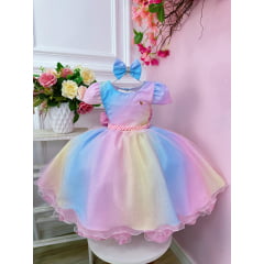 Vestido Infantil Colorido Chuva de Amor Com Strass e Laço