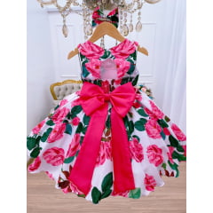 Vestido Infantil Floral Pink Ramos Verdes Luxo Cinto Pérolas
