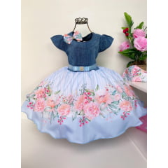 Vestido Infantil Jeans Azul Claro Jardim Floral Princesas