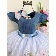 Vestido Infantil Jeans Azul Claro Jardim Floral Princesas