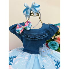 Vestido Infantil Jeans Azul Floral Princesas Máscara e laço