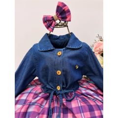 Vestido Infantil Jeans Manga Longa Saia Xadrez C/ Laço