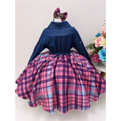 Vestido Infantil Jeans Manga Longa Saia Xadrez C/ Laço