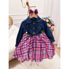 Vestido Infantil Jeans Manga Longa Saia Xadrez C/ Laço