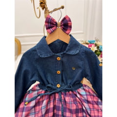 Vestido Infantil Jeans Manga Longa Saia Xadrez C/ Laço