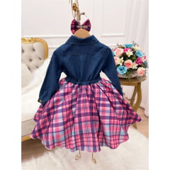 Vestido Infantil Jeans Manga Longa Saia Xadrez C/ Laço