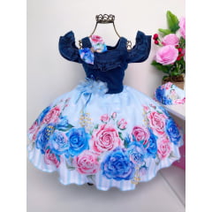 Vestido Infantil Jeans Saia Azul Clara Floral Luxo Princesas