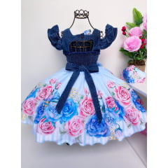 Vestido Infantil Jeans Saia Azul Clara Floral Luxo Princesas
