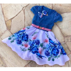 Vestido Infantil Jeans Saia Floral Azul C/ Vestido da Boneca