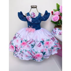 Vestido Infantil Jeans Saia Rosa Clara Floral Luxo Princesas