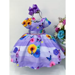 Vestido Infantil Lilás Borboletas e Flores C/ Laço