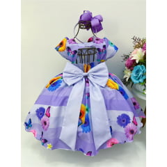 Vestido Infantil Lilás Borboletas e Flores C/ Laço
