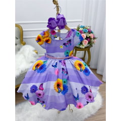 Vestido Infantil Lilás Borboletas e Flores C/ Laço