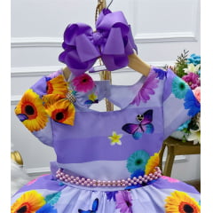 Vestido Infantil Lilás Borboletas e Flores C/ Laço