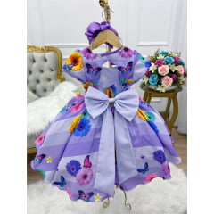 Vestido Infantil Lilás Borboletas e Flores C/ Laço