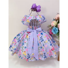 Vestido Infantil Lilás Jardim das Borboletas Laço Pérolas