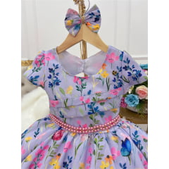 Vestido Infantil Lilás Jardim das Borboletas Laço Pérolas