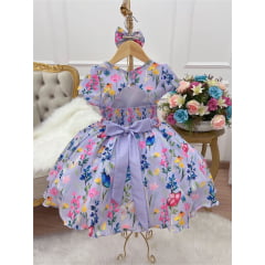 Vestido Infantil Lilás Jardim das Borboletas Laço Pérolas