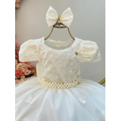 Vestido Infantil Marfim Busto C/ Renda Laço Daminhas Festas