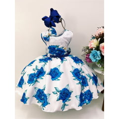 Vestido Infantil Off Rosas Azuis Laço Cinto Pérolas Luxo