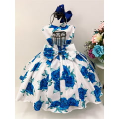 Vestido Infantil Off Rosas Azuis Laço Cinto Pérolas Luxo