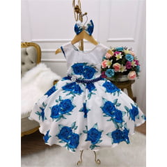 Vestido Infantil Off Rosas Azuis Laço Cinto Pérolas Luxo