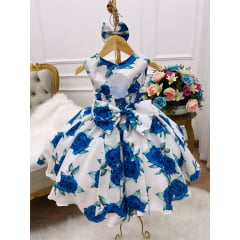 Vestido Infantil Off Rosas Azuis Laço Cinto Pérolas Luxo