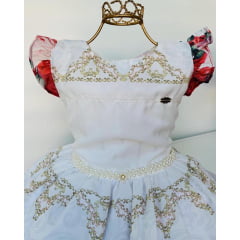 Vestido Infantil Off White Floral Cinto de Pérolas Princesa