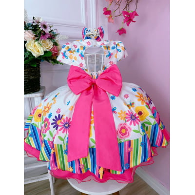 Vestido Infantil Off White Jardim Borboletas Laço e Pérolas