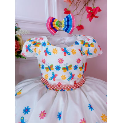 Vestido Infantil Off White Jardim Borboletas Laço e Pérolas