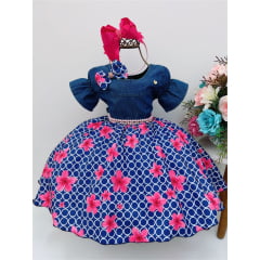 Vestido Infantil Peito Jeans Saia Azul Escuro Floral Laço