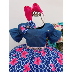 Vestido Infantil Peito Jeans Saia Azul Escuro Floral Laço