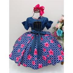 Vestido Infantil Peito Jeans Saia Azul Escuro Floral Laço