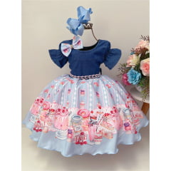 Vestido Infantil Peito Jeans Saia Azul Festa dos Doces
