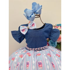 Vestido Infantil Peito Jeans Saia Azul Festa dos Doces