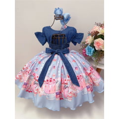 Vestido Infantil Peito Jeans Saia Azul Festa dos Doces