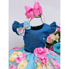 Vestido Infantil Peito Jeans Saia Azul Floral