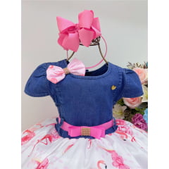 Vestido Infantil Peito Jeans Saia Branca Parque do Flamingo
