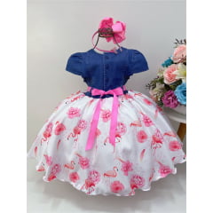 Vestido Infantil Peito Jeans Saia Branca Parque do Flamingo