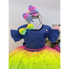Vestido Infantil Peito Jeans Saia Colorida Tie Dye Corações