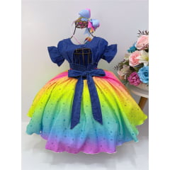 Vestido Infantil Peito Jeans Saia Colorida Tie Dye Corações